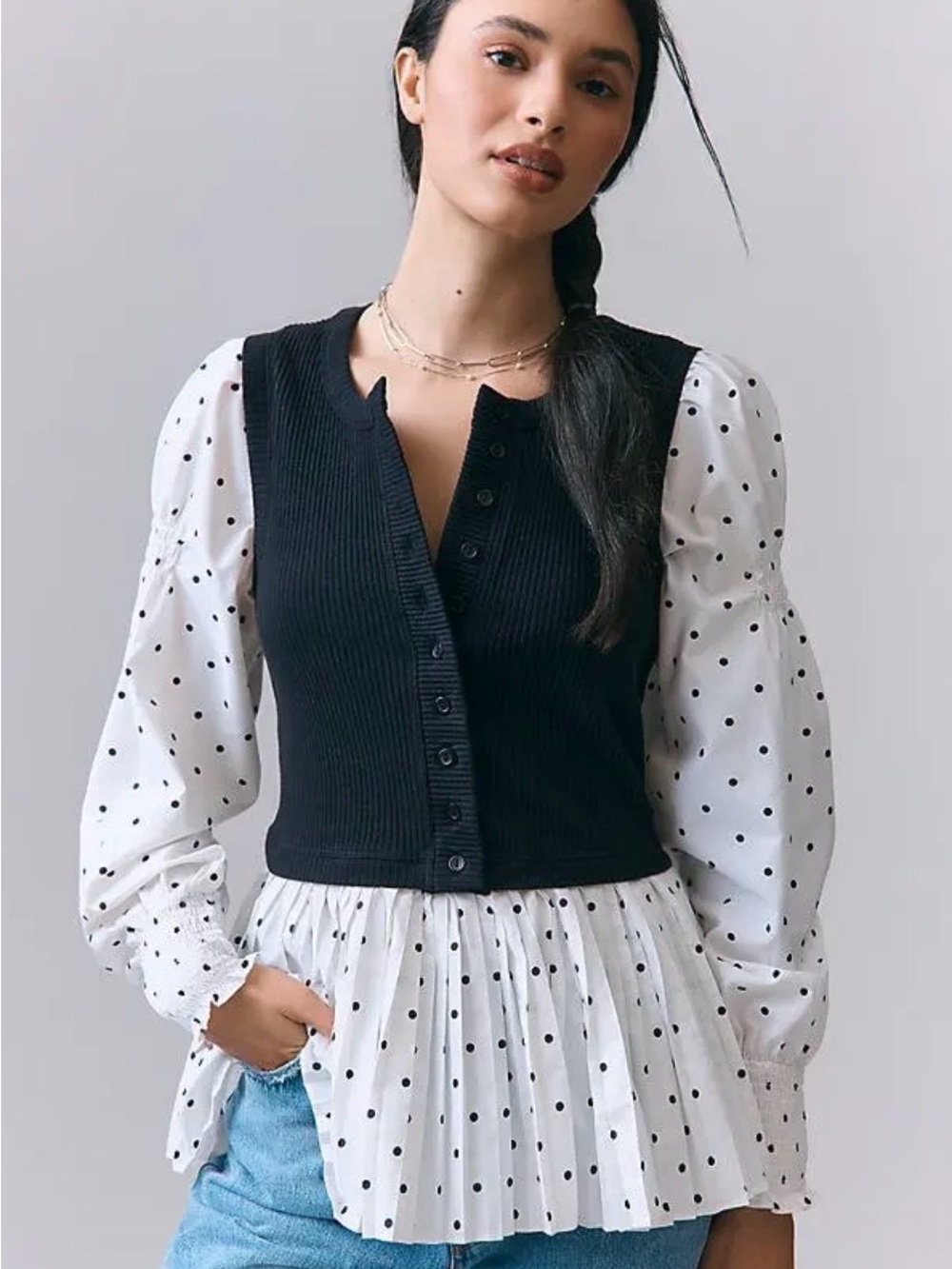 By Anthropologie Layered Twofer Long-Sleeve Top Black/White polka dot pleated M